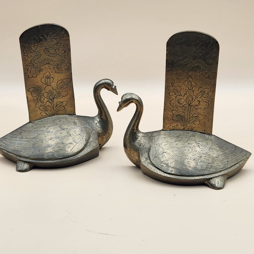 Vintage Swan Koi Fish Heavy Brass Bookends Chinese Mid Century Modern 5.5x6"